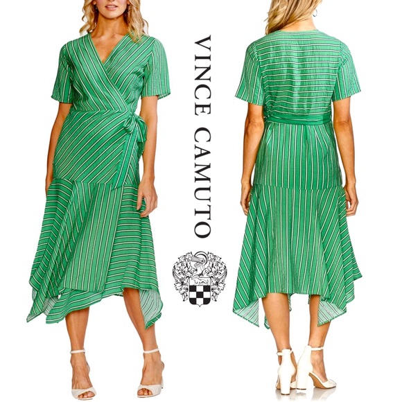 Vince Camuto Short Sleeve Wrap Dress Asymmetrical Hem Green/Wht Stripes Sz 6 NWT Vince Camuto Short Sleeve Wrap Dress Asymmetrical Hem Green/Wht Stripes Sz 6 NWT